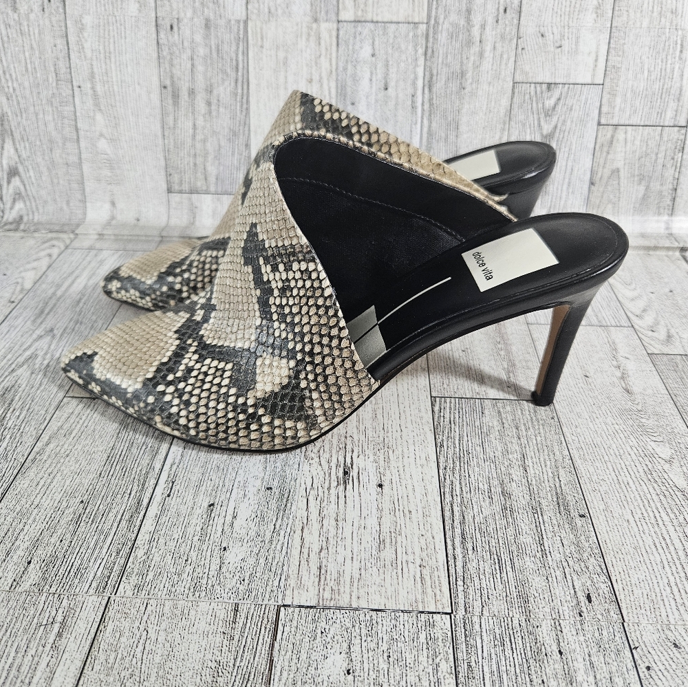 Dolce Vita Stiletto Sandals Womens 6 Tan Black Snakeskin Pointed Toe Slip On